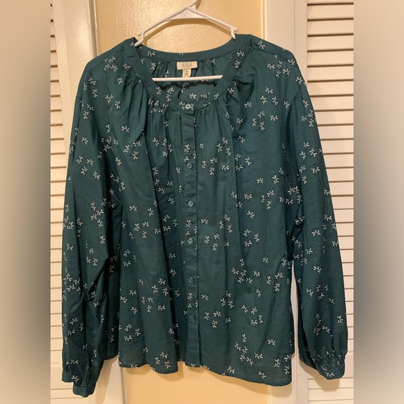a new day Tops - A.N.A - Button Front Hunter Green and White Print Long Sleeve